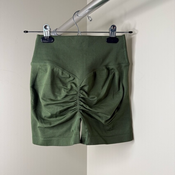 Like New Ribbed Olive Athletic Shorts with Cross Waist and Scrunch Lifting Butt - Picture 4 of 5